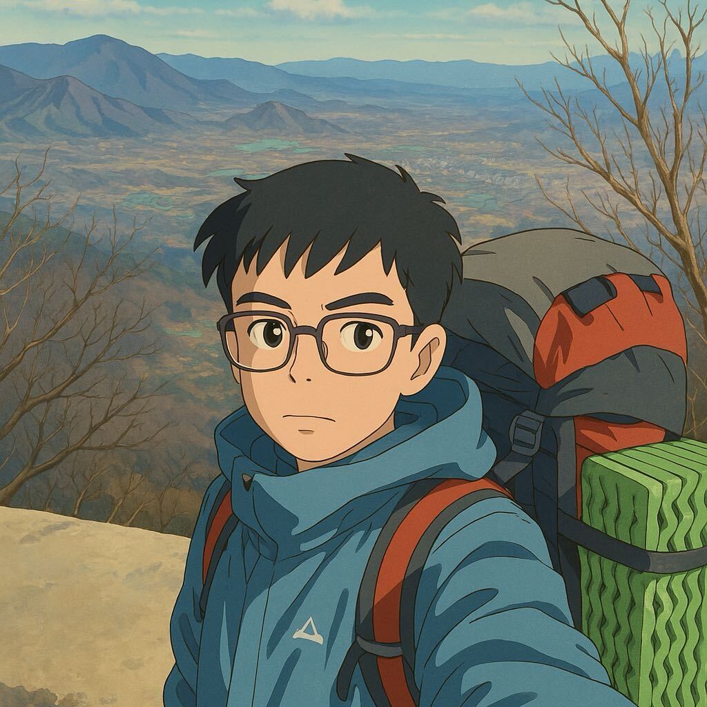 Illustrated hiking portrait of Kaiming Liu